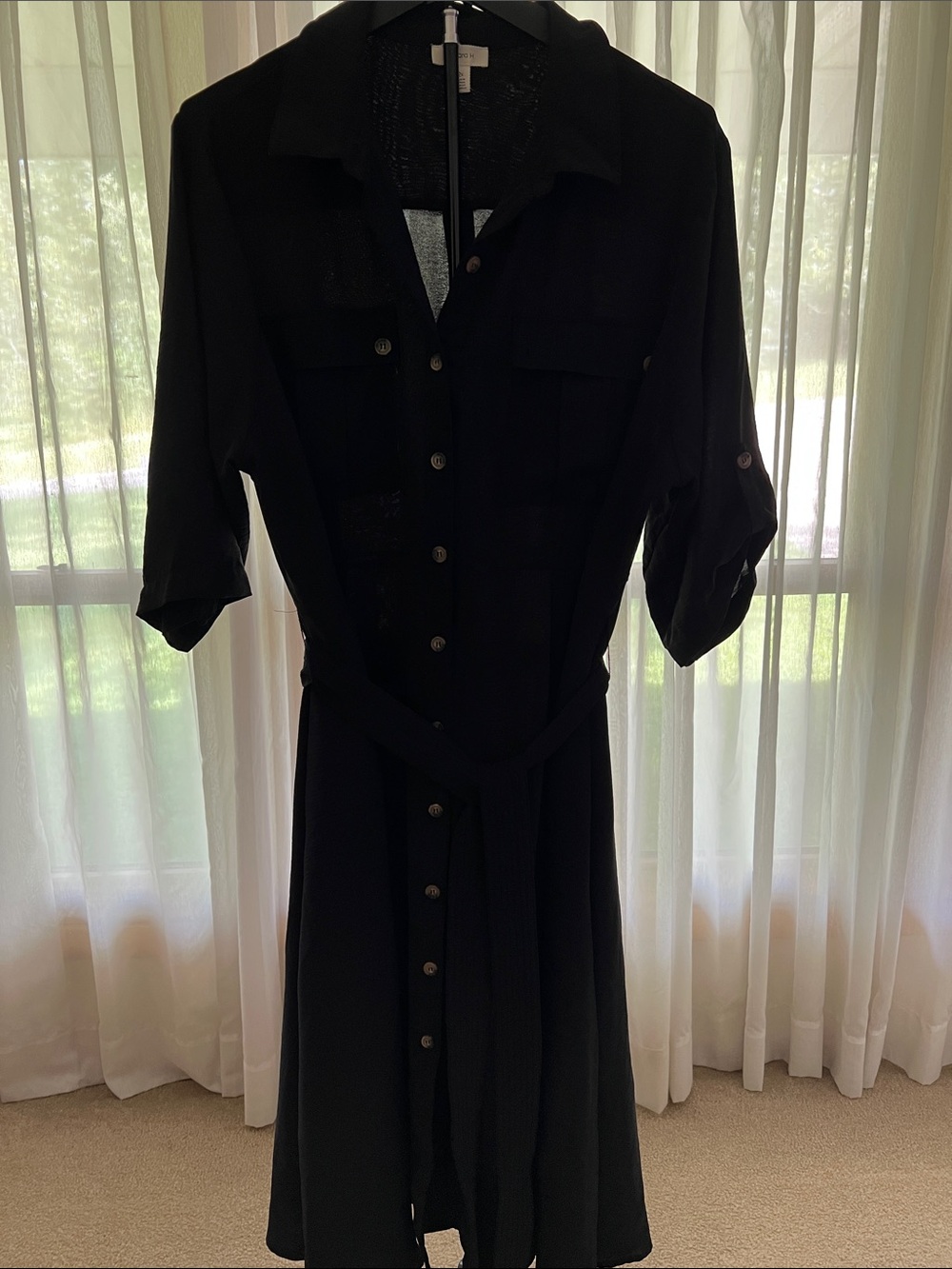 Tamara H Classic Black Button-Front Shirt Dress with Tie Waist